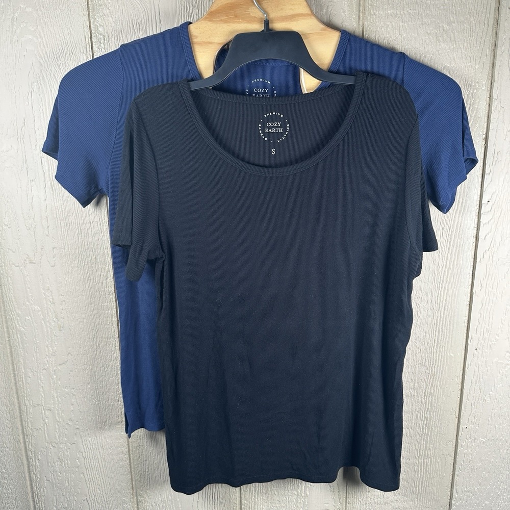Cozy Earth Short Sleeve Ribbed TShirt Womens Small Black Blue Lot of 2 Viscose